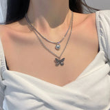 Kpop Y2k Butterfly Pendant Necklace Silver Heart Chain Choker