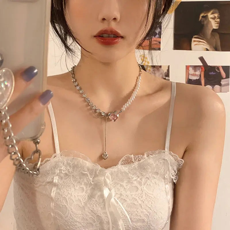 Kpop Y2k Butterfly Pendant Necklace Silver Heart Chain Choker