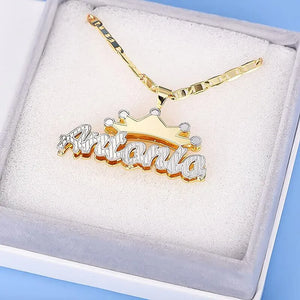 KristenCo Double Nameplate Necklace With Flat Chain Crown Pendant Jewelry