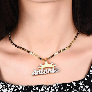 KristenCo Double Nameplate Necklace With Flat Chain Crown Pendant Jewelry