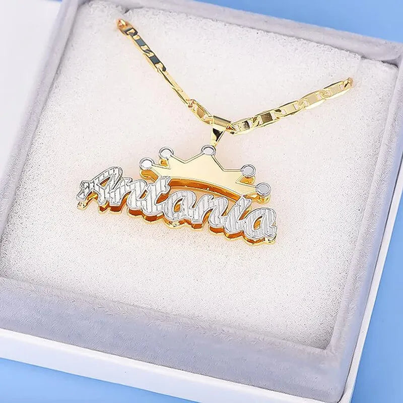 KristenCo Double Nameplate Necklace With Flat Chain Crown Pendant Jewelry