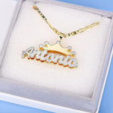 KristenCo Double Nameplate Necklace With Flat Chain Crown Pendant Jewelry