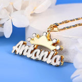 KristenCo Double Nameplate Necklace With Flat Chain Crown Pendant Jewelry