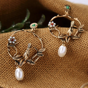 Kshmir Vintage Metal Pearl Flower Bird Earrings