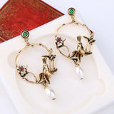 Kshmir Vintage Metal Pearl Flower Bird Earrings