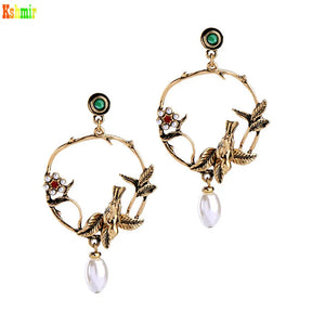 Kshmir Vintage Metal Pearl Flower Bird Earrings