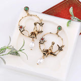 Kshmir Vintage Metal Pearl Flower Bird Earrings