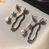 Kshmir Freshwater Pearl Asymmetric Earring Metallic Exaggerated Long stud Earrin