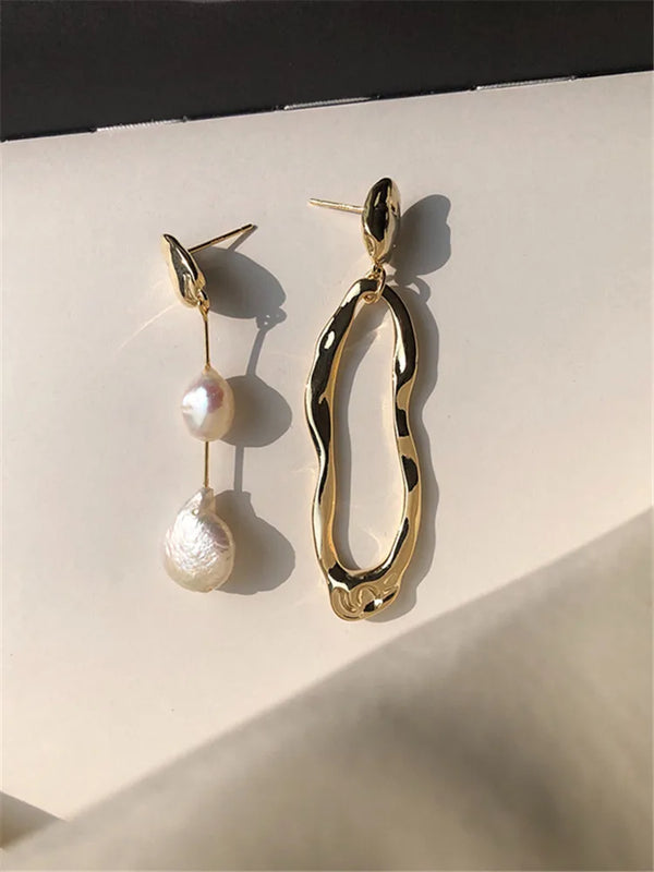 Kshmir Freshwater Pearl Asymmetric Earring Metallic Exaggerated Long stud Earrin