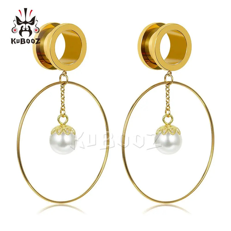 Kubooz Stainless Steel Pearl Hoop Earring Gauges Piercing