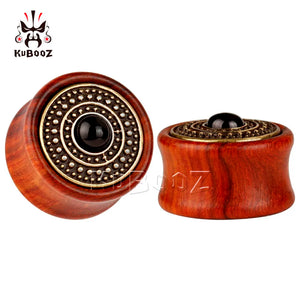 Kubooz Wood Ear Plugs Tunnels with Metal Logo - Pair