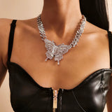 Crystal Butterfly Pendant Necklace Women Rhinestone Cuban Chain Charm Jewelry