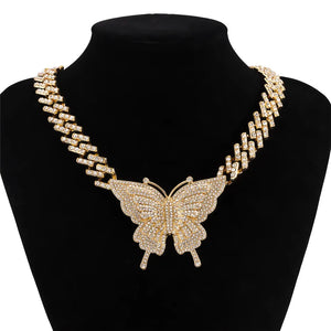 Crystal Butterfly Pendant Necklace Women Rhinestone Cuban Chain Charm Jewelry