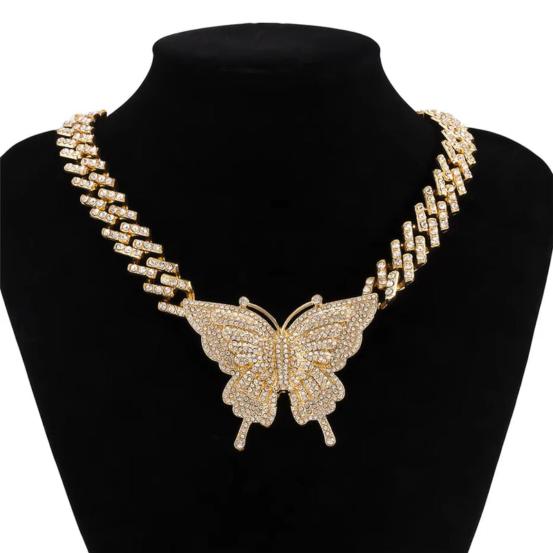 Crystal Butterfly Pendant Necklace Women Rhinestone Cuban Chain Charm Jewelry