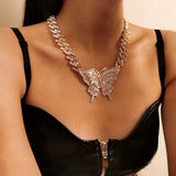 Crystal Butterfly Pendant Necklace Women Rhinestone Cuban Chain Charm Jewelry
