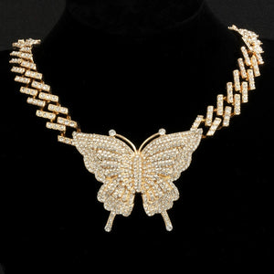 Crystal Butterfly Pendant Necklace Women Rhinestone Cuban Chain Charm Jewelry