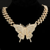 Crystal Butterfly Pendant Necklace Women Rhinestone Cuban Chain Charm Jewelry