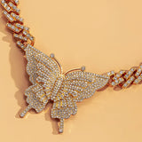 Crystal Butterfly Pendant Necklace Women Rhinestone Cuban Chain Charm Jewelry