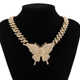 Crystal Butterfly Pendant Necklace Women Rhinestone Cuban Chain Charm Jewelry