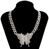 Crystal Butterfly Pendant Necklace Women Rhinestone Cuban Chain Charm Jewelry