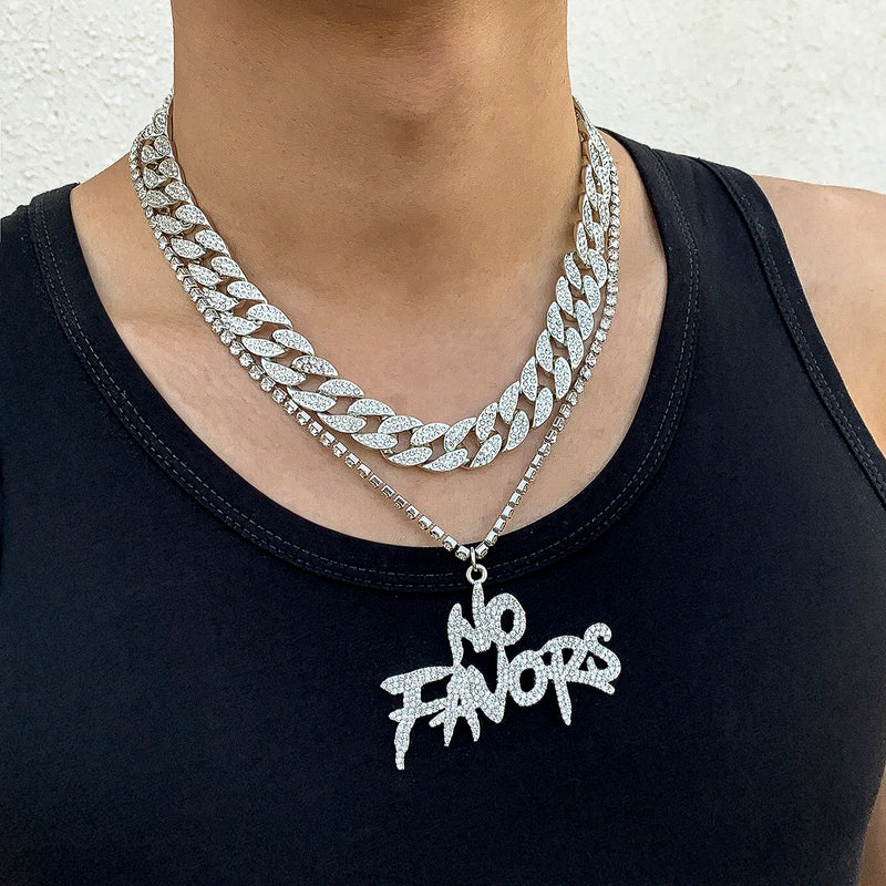 Paved Rhinestone Letter Pendant Necklace Silver Hip Hop Cuban Chain Jewelry