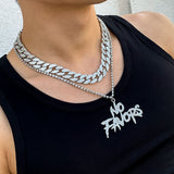 Paved Rhinestone Letter Pendant Necklace Silver Hip Hop Cuban Chain Jewelry