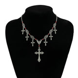 Goth Metal Cross Necklace Vintage Red Crystal Choker Halloween Jewelry
