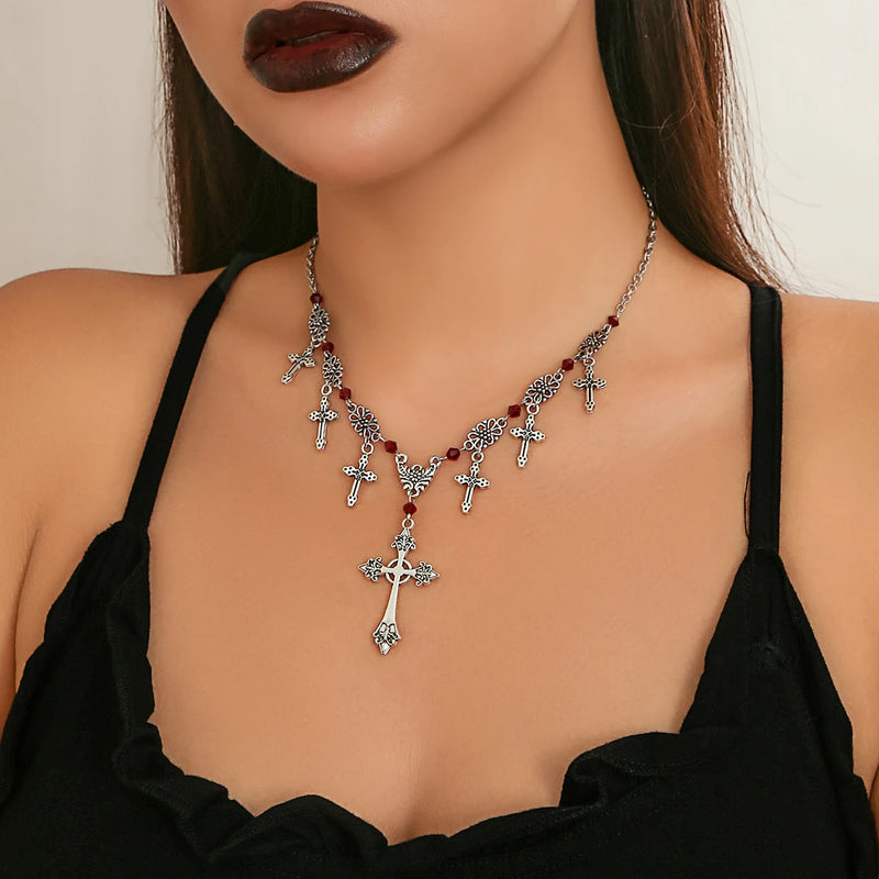 Goth Metal Cross Necklace Vintage Red Crystal Choker Halloween Jewelry