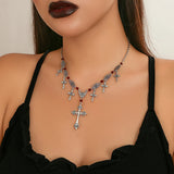 Goth Metal Cross Necklace Vintage Red Crystal Choker Halloween Jewelry