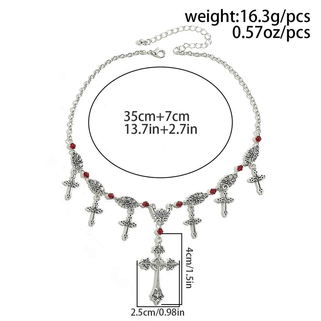 Goth Metal Cross Necklace Vintage Red Crystal Choker Halloween Jewelry