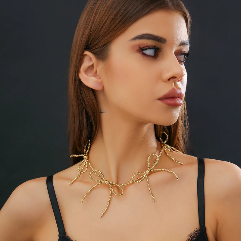 Minimalist CCB Beaded Bow Choker Necklace Silver Short Hip Hop Jewelry
