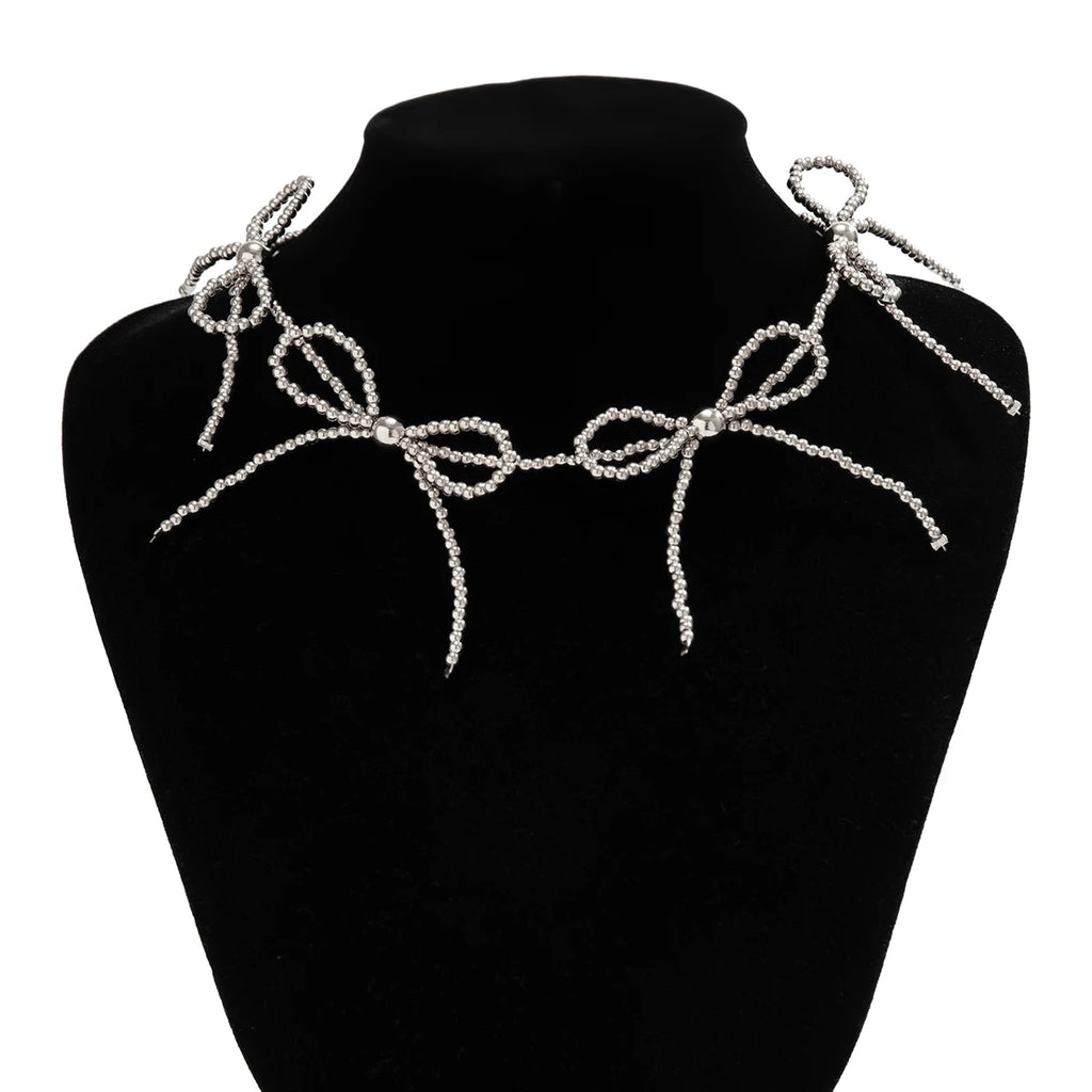 Minimalist CCB Beaded Bow Choker Necklace Silver Short Hip Hop Jewelry