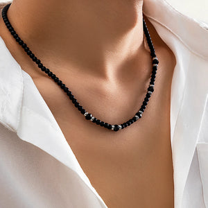 Men's Crystal Beaded Choker Necklace, Punk Silver Copper Clavicle Chain