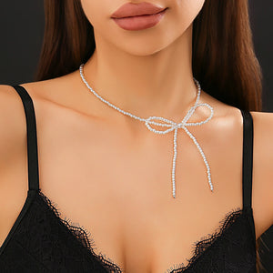 Rice Beads Bow Choker Necklace for Women Men Gothic Short Necklace