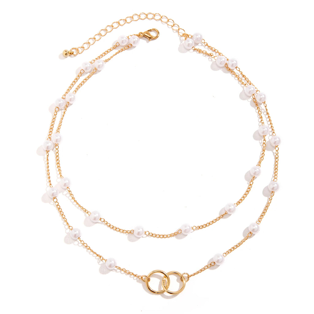 Punk Metal Circle Link Chain Choker Necklace Vintage Pearl Chain