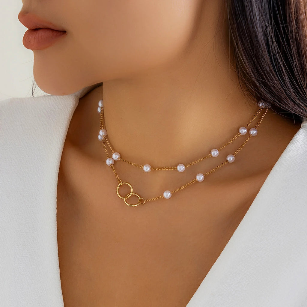 Punk Metal Circle Link Chain Choker Necklace Vintage Pearl Chain