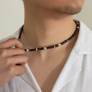 Vintage Brown Wood Beaded Clay Necklace for Men Boho Beach Surfer Choker