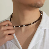Vintage Brown Wood Beaded Clay Necklace for Men Boho Beach Surfer Choker