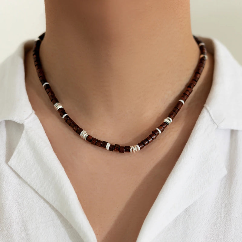 Vintage Brown Wood Beaded Clay Necklace for Men Boho Beach Surfer Choker