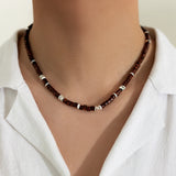 Vintage Brown Wood Beaded Clay Necklace for Men Boho Beach Surfer Choker