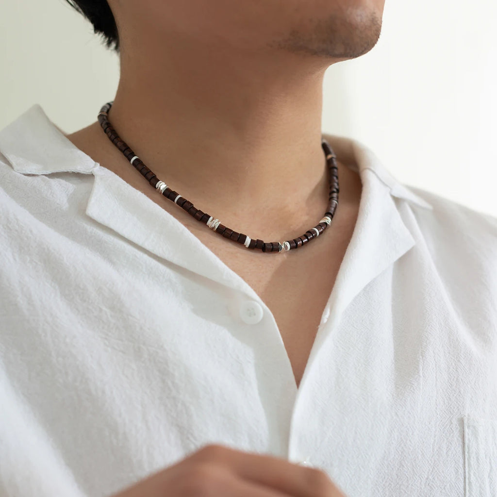 Vintage Brown Wood Beaded Clay Necklace for Men Boho Beach Surfer Choker