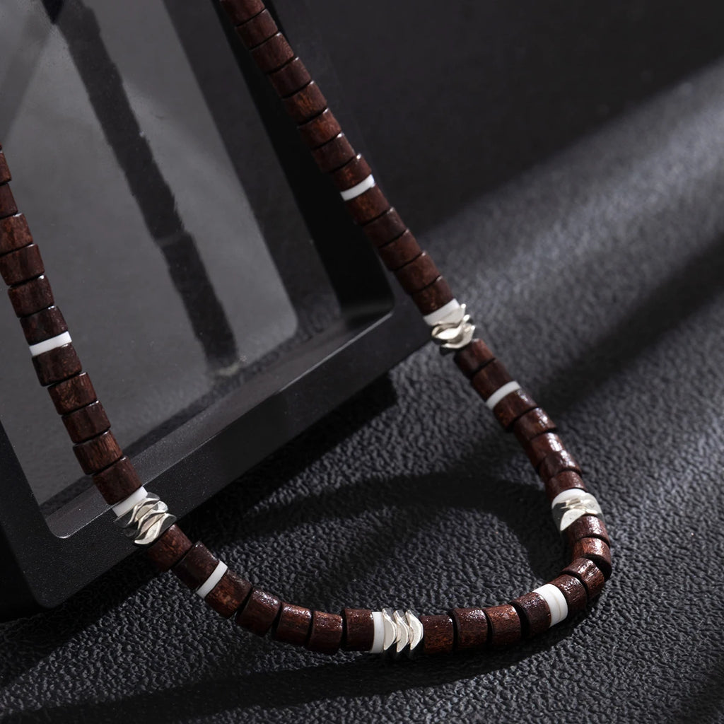 Vintage Brown Wood Beaded Clay Necklace for Men Boho Beach Surfer Choker