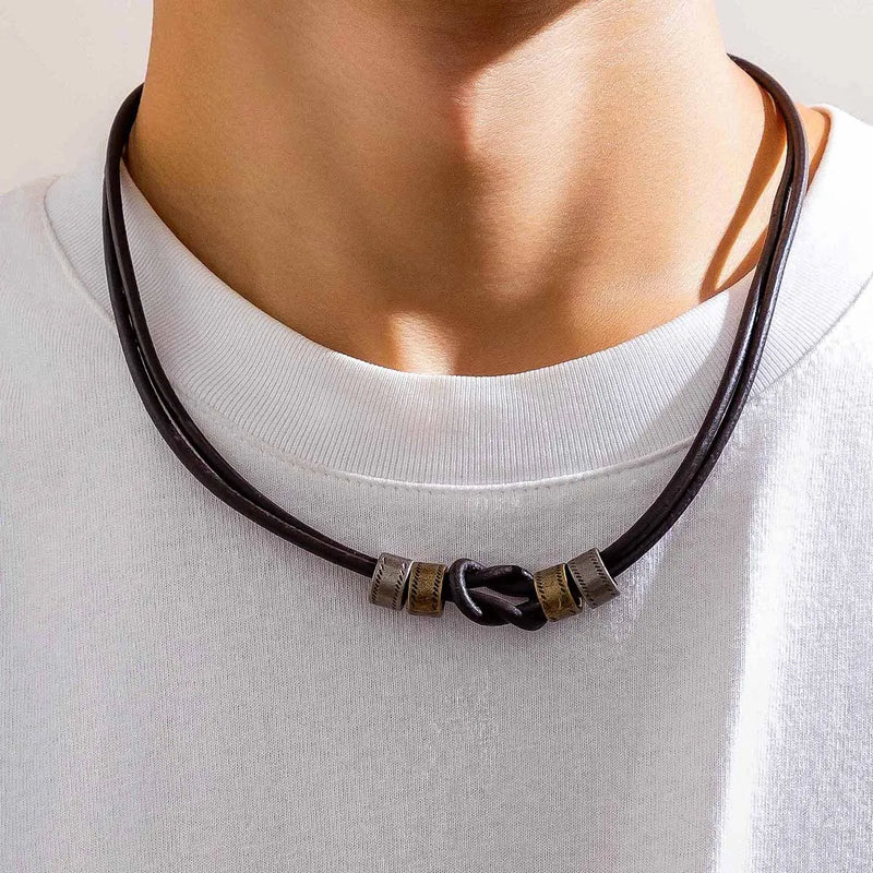 Vintage Double Layered PU Leather Choker Necklace for Men