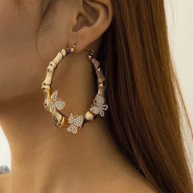 Crystal Butterfly Hoop Earrings Rhinestone Circle Wedding Party Jewelry