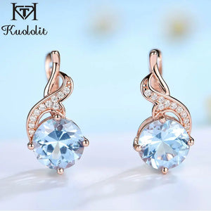 Rose Aquamarine Clip Earrings 925 Sterling Silver Round Stone Wedding Gift