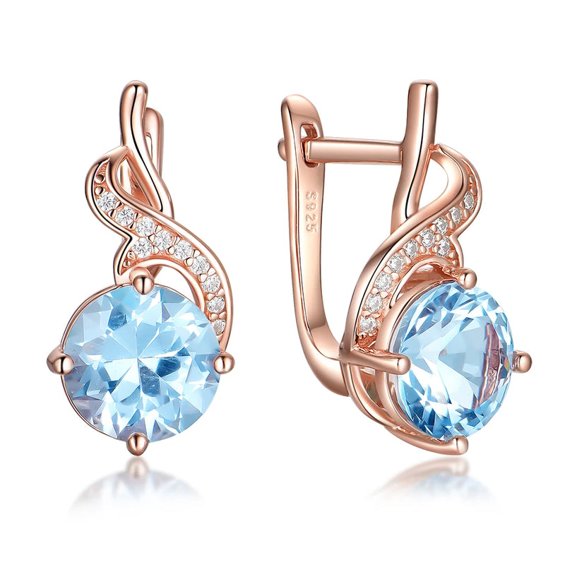 Rose Aquamarine Clip Earrings 925 Sterling Silver Round Stone Wedding Gift