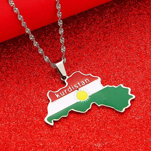 Kurdistan Map and Flag Pendant Necklace Patriotic Gift