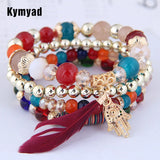 Bohemian Crystal Beads Feather Charm Bracelet