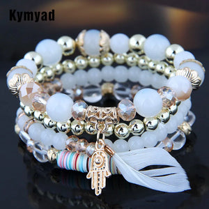 Bohemian Crystal Beads Feather Charm Bracelet