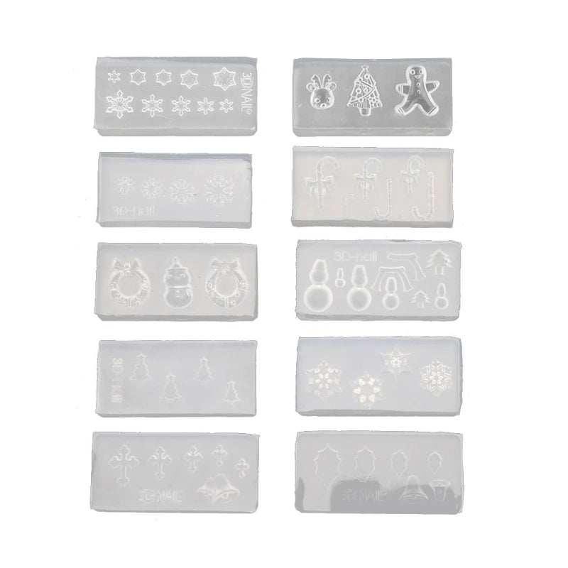 L5YD 10Pcs Christmas Snowflake Snowman Nail Art Silicone Mold Kit